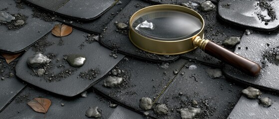 Magnifying glass examines roof of old house covered with dirt, rocks, and leaves during daylight hours