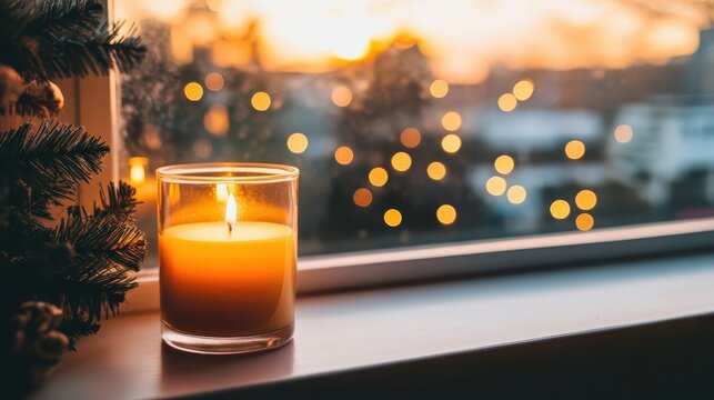 A bright candle with a warm glow on a windowsill, creating a cozy atmosphere against a blurred urban evening backdrop.