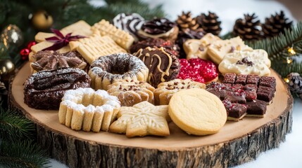 Fototapeta premium A charming assortment of Christmas cookies arranged on a rustic wooden tray, showcasing festive holiday treats