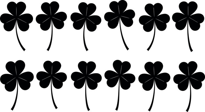 Black silhouette vector illustration of three and four leaf clovers isolated on white background for Saint Patrick Day graphic designs