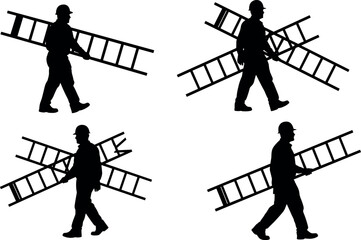 Black silhouettes of professional construction workers wearing hard hats and carrying heavy ladders while walking against a plain white background.