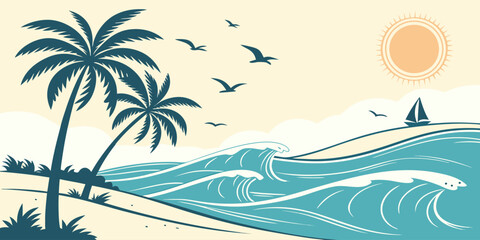 Clean tropical ocean landscape vector background with palm silhouettes. Ideal for summer branding, travel advertisement, website header and vacation theme design. © yossi