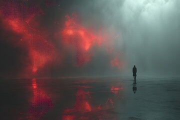 Fototapeta premium Silhouette of a Person Standing in Front of a Digital World Map