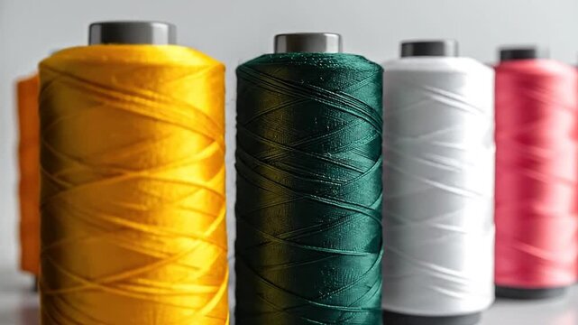 Vibrant spools of thread in various colors, arranged neatly against a soft background.