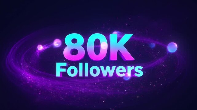 80K Followers Social Media Celebration Background with Dynamic Glowing Neon Lights and Sparkling Particles Motion Graphics
