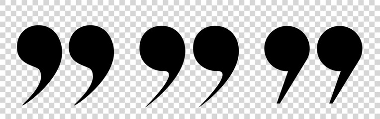 Obraz premium A set of vector black quotes on a transparent background. A collection of three round quotation marks of different shapes. Vector illustration.