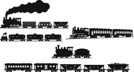 Steam train silhouette set, vintage locomotive vector collection, railway transport illustration isolated, freight passenger rail icon black retro design © Rabbi Creative