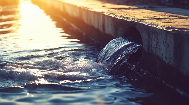 Contaminated water flows from an old storm drain into a small river under bright sunlight.