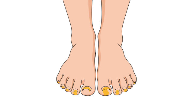 Close up of human feet with yellow and discolored toenails indicating a fungal infection or health issue needing treatment.