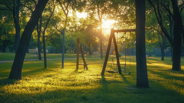 Empty park swings bathed in golden hour sunlight, offering a peaceful urban green space for recreation and childhood play.