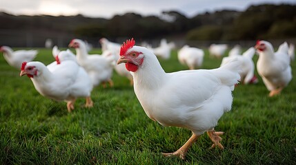 Chickens walk around a green meadow during golden hour with a close-up on one chicken's head showing its red crest and beak