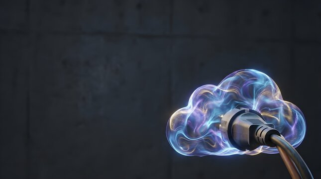 Large power cord plugging into an abstract glowing digital cloud of energy.