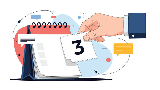 Hand tearing a page from a desk calendar with the number three displayed to represent deadlines, scheduling, or time management.