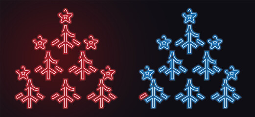 Neon Christmas Tree Icon Set with Star &ndash; Colorful Glowing Holiday Symbols, Outline neon Christmas tree icon. Glowing neon Christmas tree with star and plump rounded shape, Neon Christmas tree star
