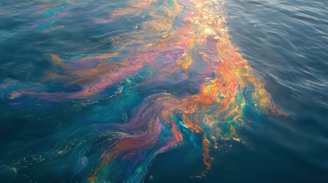 Iridescent oil spill patterns shimmering on polluted water surface with abstract rainbow hues