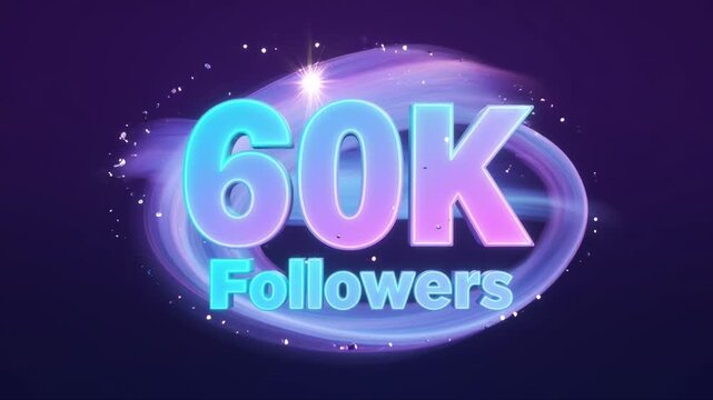 Vibrant 60K Followers Milestone Celebration Animation with Neon Glowing Text and Magical Light Trails on Purple Background