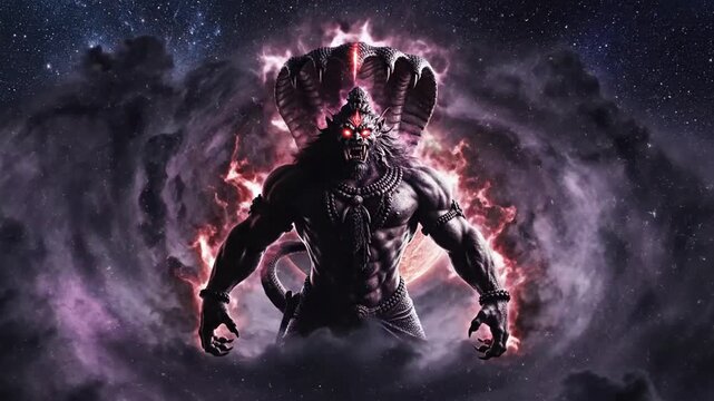 Dramatic demon emerging from purple cosmic storm with moon