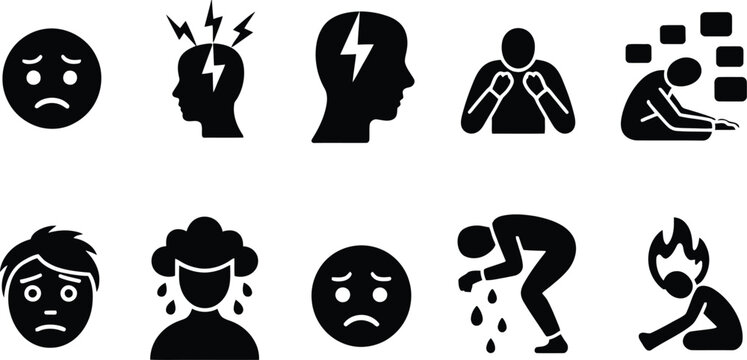 Black icons depicting various emotions and physical reactions