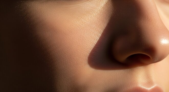 Close up of a human nose with dramatic lighting.