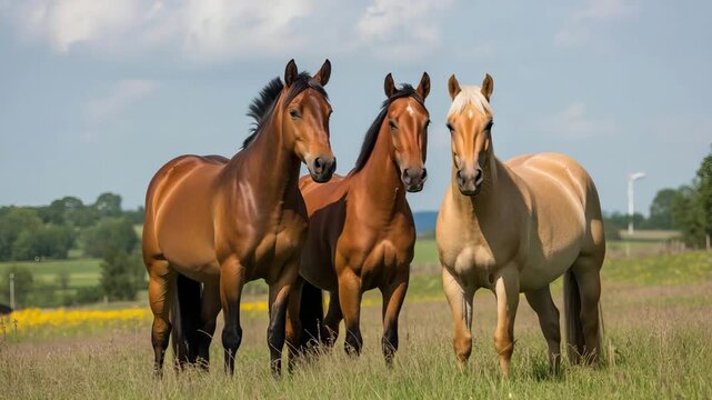 Three majestic horses standing in a sunlit grassy field with a blue sky and distant wind turbine equine