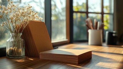 Fototapeta premium Stack of Kraft Business Cards with Natural Textures on a Wooden Surface Near a Window