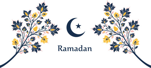 ramadan floral greeting card with crescent moon and star elegant islamic botanical design for ramadan celebration background template © Jiam Creative