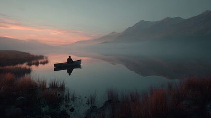 Fototapeta premium A tranquil scene of a lone boat on a serene lake surrounded by mountains and mist, capturing the essence of solitude and peace. 