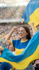 A happy young woman from Ukraine emotionally supports her national football team with her face painted, at a stadium with stands filled with fans and fluttering national flags.