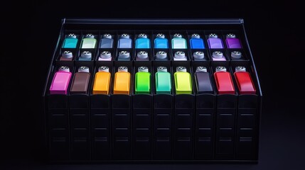 Fototapeta premium Rows of Vibrant Ink Cartridges Neatly Arranged in Sleek Packaging Under Studio Lighting