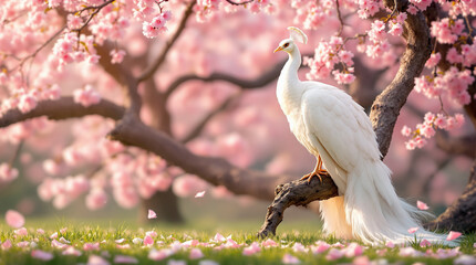 Obraz premium Burung merak putih di dahan bunga sakura 