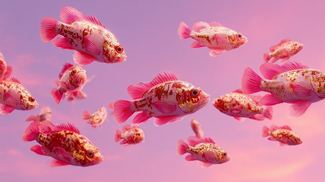 surreal pink tropical fish flying in pastel sky
