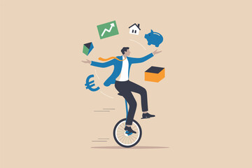 Businessman balancing financial priorities and investments while riding a unicycle on a plain background. © Design gallery