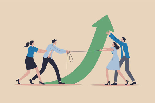 Collaborative business team striving for success by pushing a large green upward arrow together.