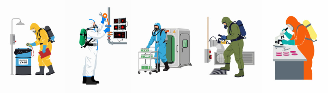 Specialized teams in hazmat suits engaged in chemical, biological, and radiation safety, research, and decontamination processes across multiple laboratory settings.