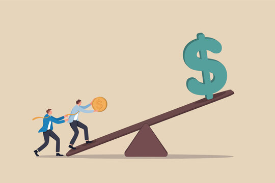 Two businessmen using financial leverage to lift a large dollar sign with a coin