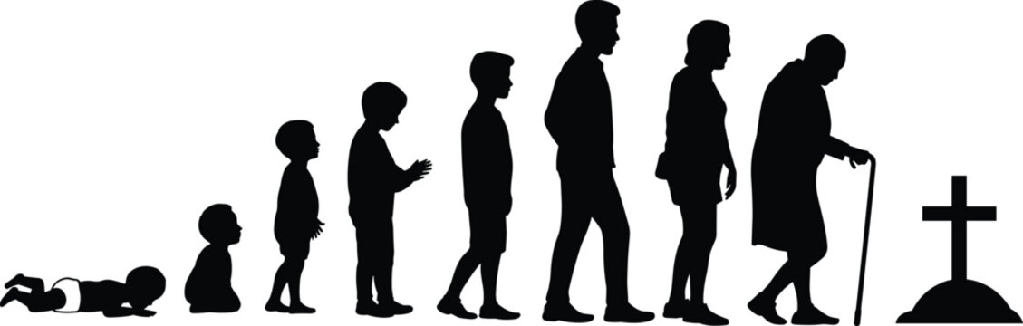 Human life cycle evolution silhouette flat vector illustration showing aging stages from baby to childhood adulthood old age and death,