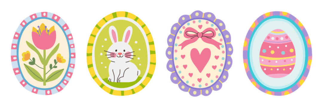 Easter egg frames pastel oval with bunny and spring flowers illustration. Decorative eggs, hearts and bows. Holiday composition in soft pastel colors