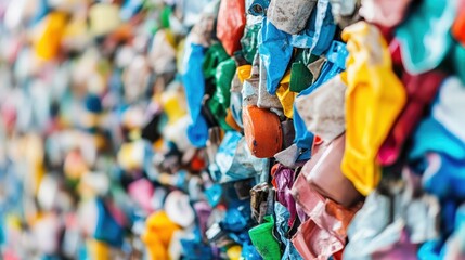 Obraz premium Wall of colorful crushed plastic bottles representing industrial waste management and recycling efforts