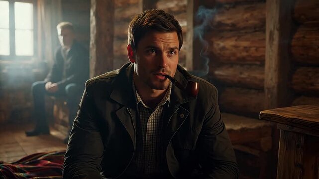Man smoking pipe in rustic cabin