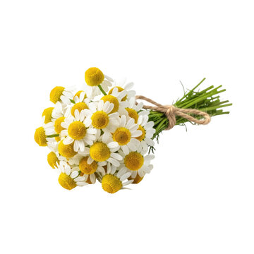 A bunch of white chamomile flowers with yellow centers tied with twine isolated on a transparent background