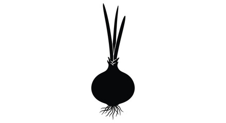A striking black silhouette of an onion with visible roots and green stalks against a plain white background silhouette © Niloy MotionArts 3D7