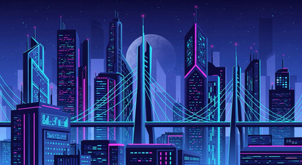 Vibrant futuristic cityscape at night with neon lights and moon