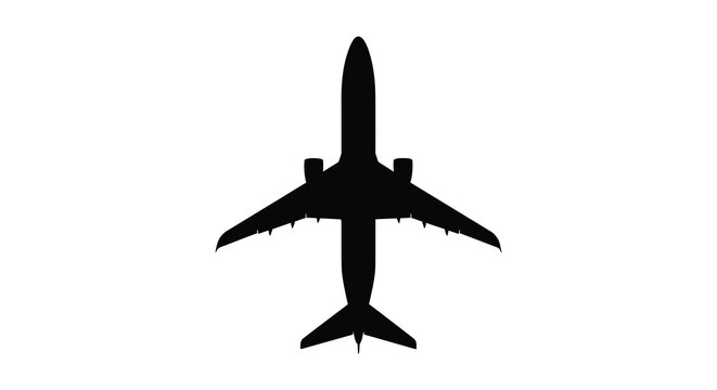 A stark black silhouette of a passenger airplane viewed from directly above emphasizing its streamlined design silhouette high quality