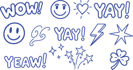 Cute Doodle Sticker Set &ndash; Wow Yay Yeah Typography & Icons &ndash; EPS 10 Vector