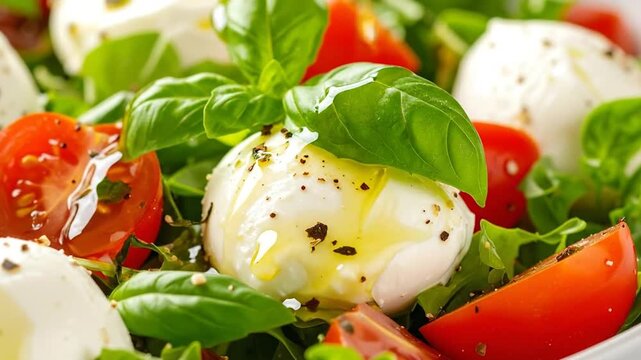 Fresh and vibrant Caprese salad with mozzarella, tomatoes, basil, and olive oil, a healthy and delicious meal.