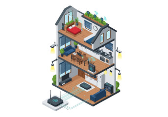 Isometric View of a Modern Three-Story House with Furnished Interiors and Technology Integration