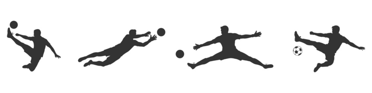 Soccer player silhouettes set in various kicking and diving action poses vector.