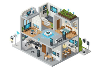 Fototapeta premium Isometric illustration of a modern house with multiple rooms and furniture from an aerial viewpoint