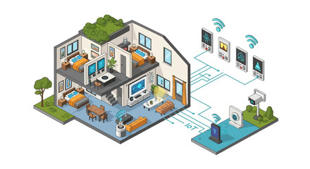 Smart home technology illustration showcasing automated systems and connected devices in a modern residence