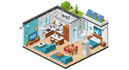 Fototapeta premium Isometric view of a modern eco-friendly home interior with furniture and solar panels on the roof